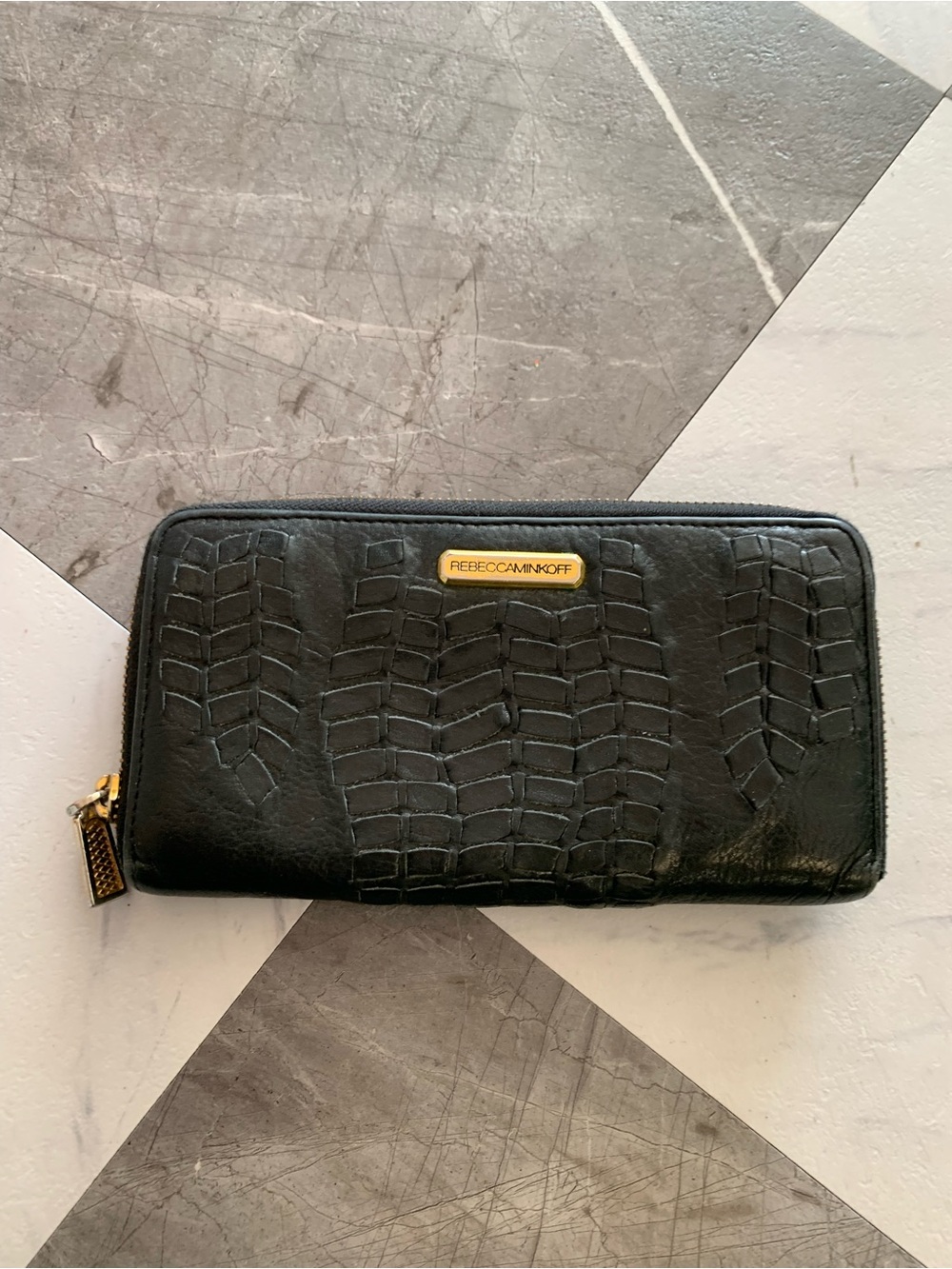 Rebecca Minkoff Black Croc-Embossed Zip-Around Wallet with Gold Hardware